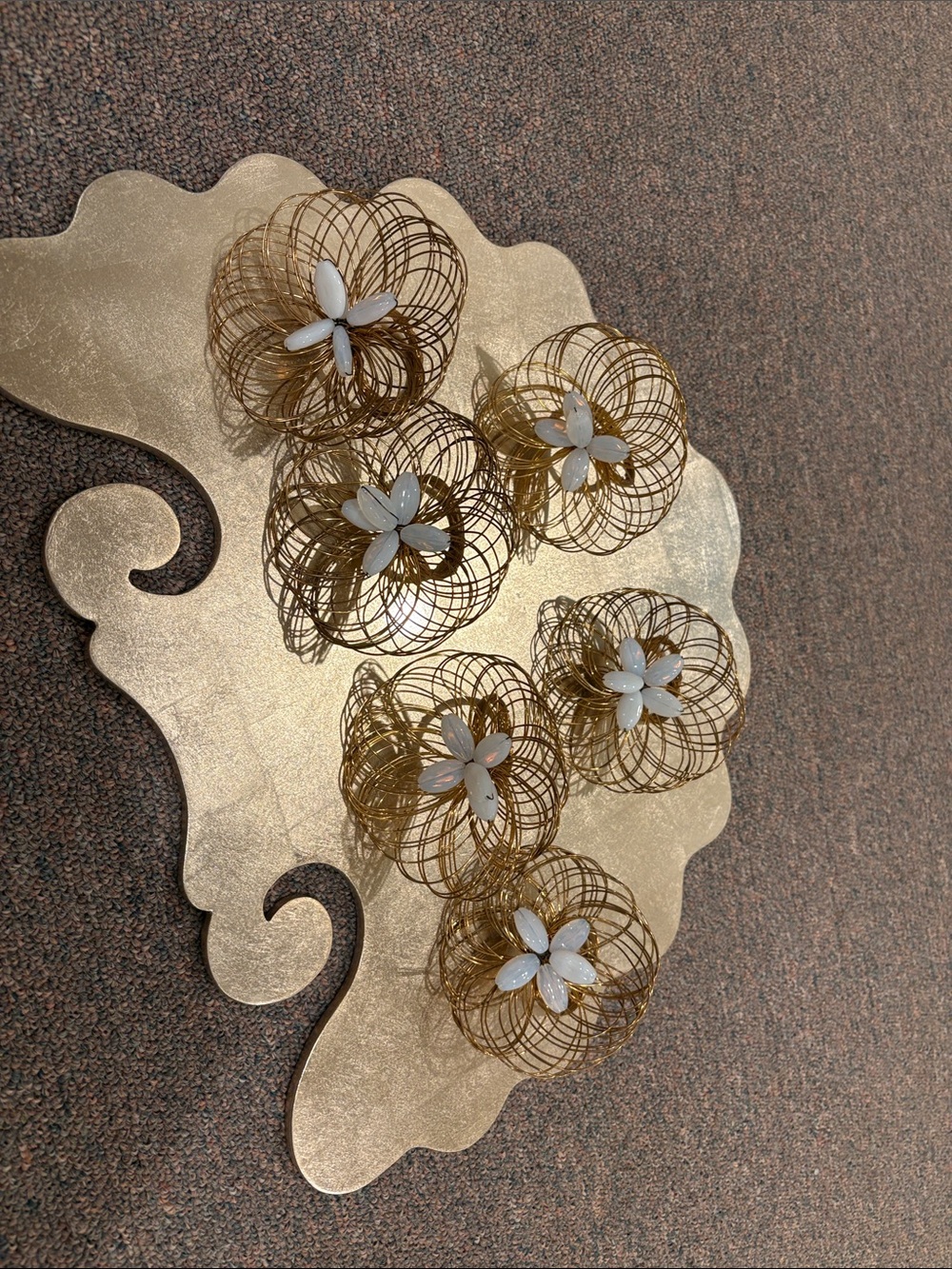 Gold Wire Flower Napkin Rings with White Petal Centers - Set of 6